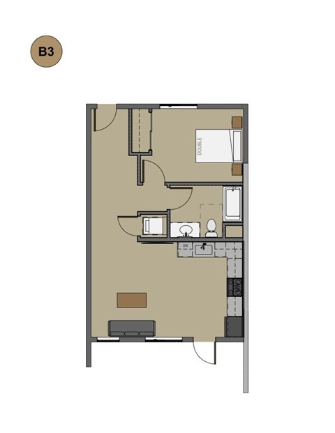 A floor plan of a room with a kitchen area and a living room.